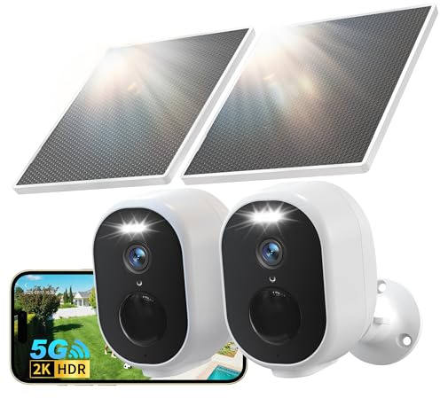 GNCC 4MP Kit 2 Telecamera Wi-Fi Esterno Senza Fili Con Solare Pannello, 2.4G/5GHz WiFi Videocamera Esterno con Visione Notturna a Colori, Audio Bidirezionale, Allarmi PIR, Funziona con Alexa, IP65