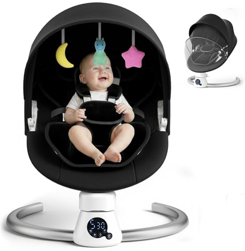 Electric Baby Swing with Remote & APP Control, 5 Swing Speeds, 3 Timers, 11 Music Built-in, Baby Bouncer with 5-Point Harness, Removable Canopy, 2 Positions Adjustable Backrest, 2 Power Options-Black