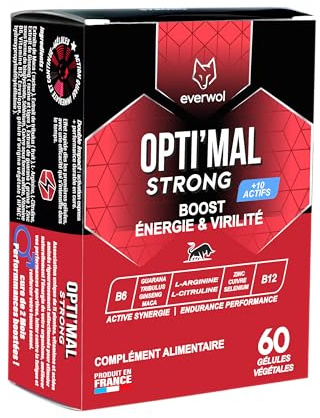 OPTI'MAL STRONG – Complément Alimentaire Homme – Énergie & Vitalité – Ginseng, Maca, Guarana, Zinc & Vitamines – Soutien de la Forme & de l’Endurance – 60 Gélules – EVERWOL