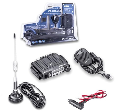 Midland M-MINI Radio USB y CB Mini con 40 canales, Toma USB y Alimentación de Mechero - 1 Micrófono, Cable de Alimentación, Soporte de Montaje