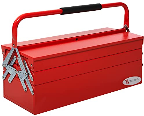 DURHAND Metal Tool Box 3 Tier 5 Tray Professional Portable Storage Cabinet Workshop Cantilever Toolbox with Carry Handle, 56cmx20cmx34cm, Red
