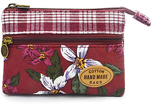 GUXL Women Small Zipper Coin Purse, Handmade Fabric Flower Embroidered Change Pouch, Cotton Double Zipper Wallet