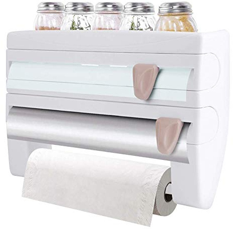 Ejoyous Portarotolo da a Parete 3 Rotoli, distributore di Rotoli da con portaspezie con taglierina a Lama affilata per tovaglioli di Carta da in plastica Foglio di Alluminio