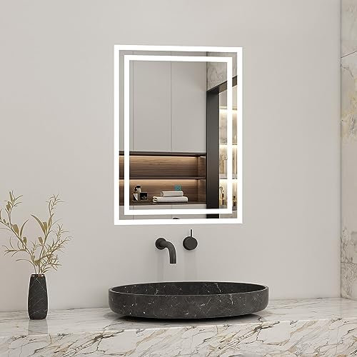 MYB Bathroom Mirror with LED Lights, Anti Fog Touch Sensor 500x700 700x500 Vanity Wall Mounted Frameless Vertical or Horizontal IP44 Rated Waterproof Dustproof, 500x700mm
