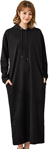 aromm Felpa con Cappuccio da Donna Maniche Lunghe Pullover Allentato Casual Maxi Vestito con Tasche (Nero, M)