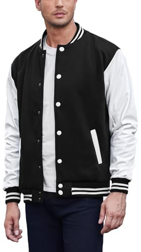 COOFANDY Mens Slim Fit Varsity Jacket Casual Baseball Jackets Lightweight Black/White Medium