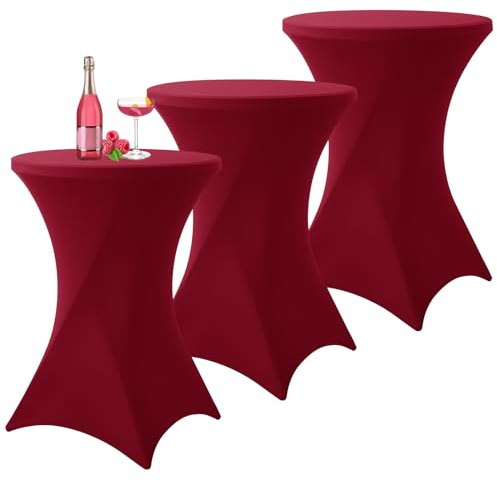 3er-Set Stretch Stehtisch Husse für Bistrotisch Burgunder Rot Ø80-85 cm Spandex Stretch Tischdecke, Verstärkung im Fußbereich Für Hochzeit Geburtstagsfeier Bankett und Bistrotische(80×110cm,Weinrot)