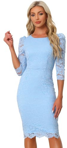 Allegra K Robe Cocktail Femme Élégante en Dentelle Florale à Manches 3/4 Robe Fourreau de Business Robe Moulante pour Invité de Mariage Bleu Clair M