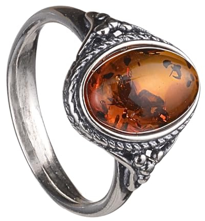 BALTICANA JEWELRY Ovaler Bernstein-Ring aus Sterlingsilber für Damen, baltischer Honig, echter Edelstein,, Edelstein-Metall, Sterlingsilber, Bernstein