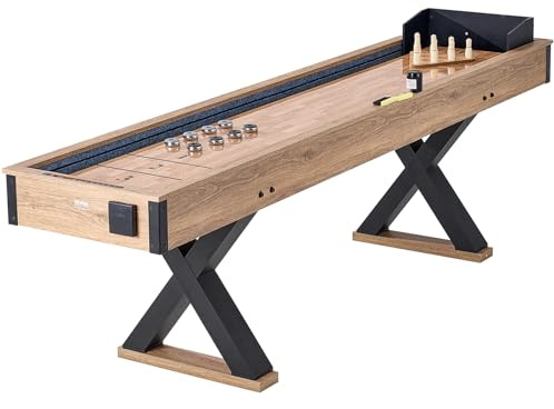 VEVOR Shuffleboard Table, 9 ft Shuffleboard for Family Game Rooms, 2 in 1 Shuffleboard and Bowling Combo Game Set, with Scratch-Resistant Playfield, Legs, 8 Pucks, Bowling Set, Wax, and Table Brush