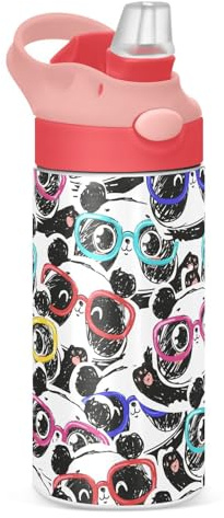 Mnsruu Kids Water Bottle with Straw 350ml, Panda Glasses Stainless Steel Insulated Toddler Cup Metal Leak Proof Drink Flask Bottle for Girls, BPA-Free