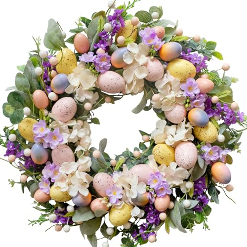 Egolot 20 Inch Easter Eggs Hydrangea Flower Wreath for Front Door, Spring Summer Lamb Ear Eggs Floral Wreath with Berries for Indoor Outdoor, Easter Home Decor