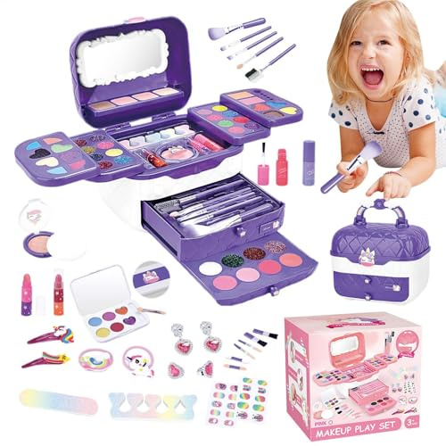 Maquillaje de juego para niños, Maquillaje de juguete | Juguetes cosméticos reales lavables para niñas,Juguete para niñas pequeñas con espejos, juguetes de princesa, maquillaje para niños de 3 a 12 añ
