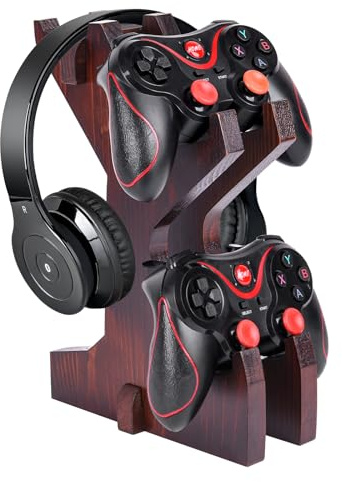 BEARUT Spelkontrollhållare, headsetstativ, 2-nivås universalkontroll, spel, PC-tillbehör, förvaringsställ, hörlursstativ för PS4, PS5, Xbox-serien, trä