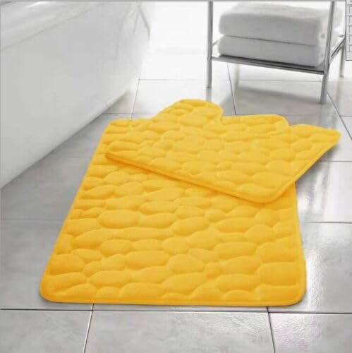 EXQUIZIT HOME® Luxury Memory Foam Bath Mat Set 2 Piece – Non Slip Pebble Bathroom Rug & Pedestal Mat, Quick Dry Ultra Absorbent Soft Cushioned Mats 100% Polyester (Ochre)