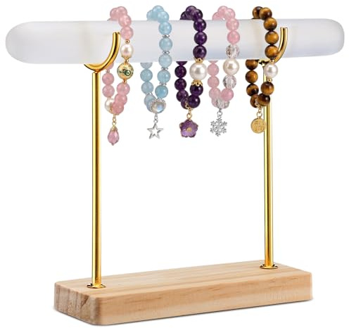 RattanView Selenite Bracelet Holder Display Stand Crystal Healing Goth Bracelet Display Stand Detachable Jewelry Wrap Watch Organizer Holder with Wooden Base for Bangles Charging Clean, Crystal