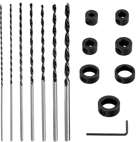 7 Piezas Brocas Madera Largas, Ø 4mm, 5mm, 6mm, 7mm, 8mm, 10mm, 12mm × 300mm, Acero de Alto Carbono, con Llave Hexagonal y Limitador, para Todos los Trabajos en Madera (Plata)