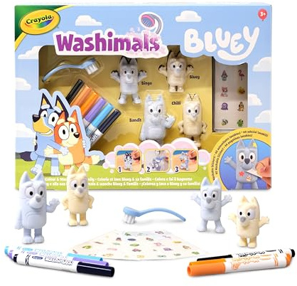 Crayola - Washimals Bluey, Set Attività con Adesivi e 4 cuccioli, 6 Pennarelli Lavabili, Adesivi e Spazzolina, Gioco e Regalo per Bambini, da 3 Anni, 74-0253