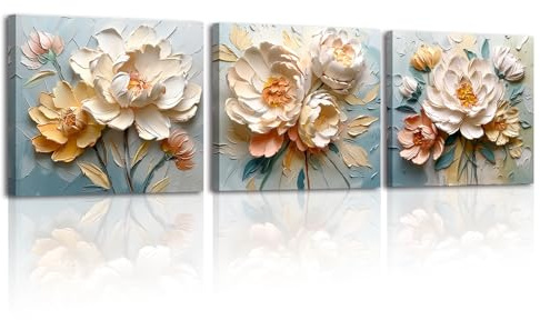 Piy Painting 3 Piezas Floral Artístico Cuadros Decorativos Salon Flores Blancas y Amarillas Impresiones De Lienzo Moderno Laminas Decorativas Pared Dormitorios Quadros Pasillo Oficina 30×30cm