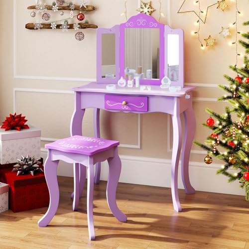 INFANS Kids Vanity, 2 in 1 Wooden Princess Makeup Table and Stool Set with Tri-Folding Detachable Mirror 10 Accessories, Toddler Pretend Beauty Dressing Play for Girls Aged 3+