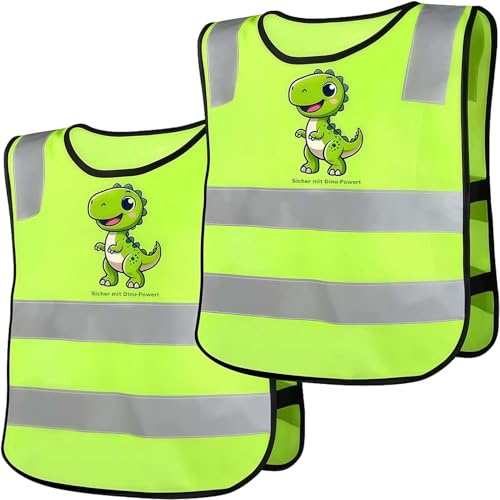 SKIPTHYBER Juego de 2 chalecos reflectantes para niños y niñas, chaleco reflectante con bonito diseño de dinosaurio para niños y niñas, visibilidad de 360°, ideal para la escuela y el deporte