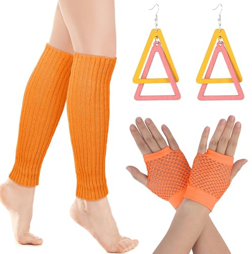 KSJEHW 3 delar set med elastiska neonbenvärmare och fingerlösa näthandskar 80-talet kostym tillbehör med örhängen (orange)