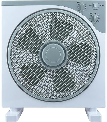 Genérico Ventilador Box Fan 50W con Temporizador 120 Min, 3 Velocidades, 30 cm, 5 Aspas, Circulación 360°, Asa de Transporte – Gris/Azul