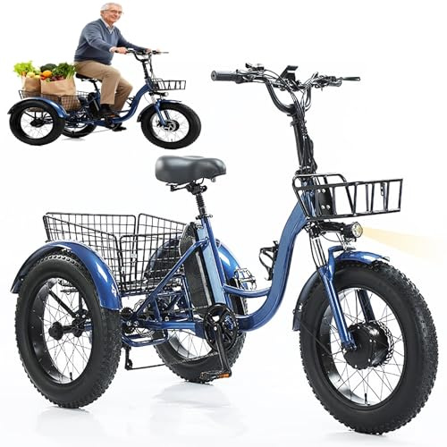 DJFYVAEIO Triciclo para Adultos,con Faros Delanteros/Panel De Instrumentos Led,Cesta De Carga,Paseo Sin Esfuerzo,Frenos Sensibles,Carga De 150Kg,Triciclo Eléctrico De Paseo,para Personas De 165-195Cm
