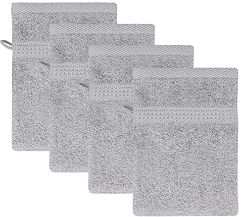 Class Home Collection Frottee Waschhandschuhe 16x21 cm – 4er Set Waschhandschuh – Besonders weiche & saugfähige Waschlappen aus 100% Baumwolle mit Aufhänger – Silber