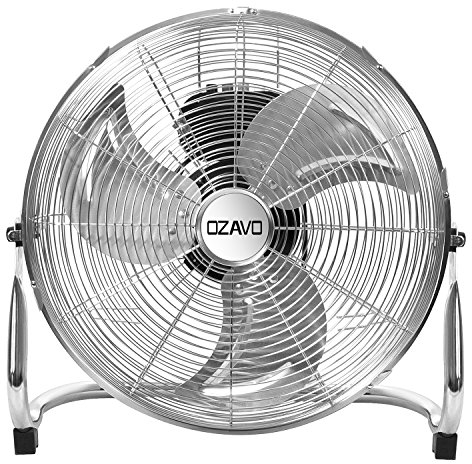 OZAVO Ventilateur de Sol en Métal Robuste Brasseur d'air Industriel Rétro sur Pied Fan Exterieur, 3 Vitesses et Angle d'inclinaison Réglable 80W (Argent)