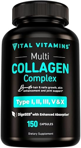 Vital Vitamins Multi Collagen for Women & Men - Type I, II, III, V, X - Grass Fed, Non-GMO - 150 Capsules