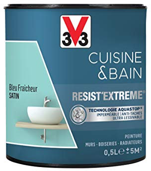 V33 Peinture multi-supports monocouche Cuisine & Bain Resist'Extrême® Satin, Bleu fraîcheur, 0,5L