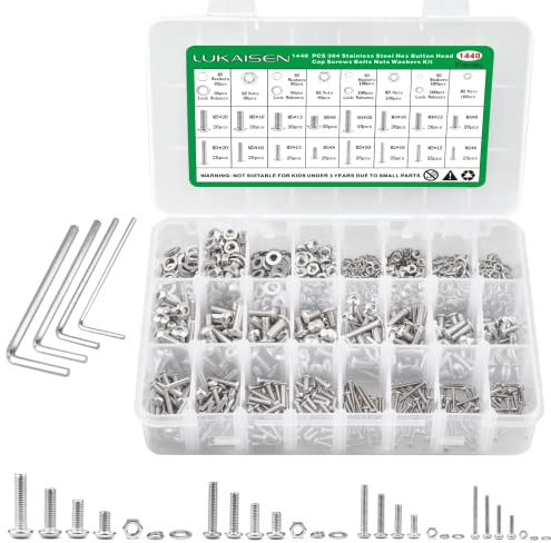 1440Stk M2 M3 M4 M5 Schraubenset mit Sechskantmuttern und Unterlegscheiben, Linsenkopfschrauben,Gewindeschrauben Set, Maschinenschrauben Sortiment Kit, Sechskantschrauben, Edelstahl Maschinenschrauben