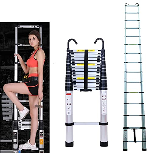 Escalera telescópica plegable con 2 ganchos, escalera deslizante de 6,0 m, escalera ligera extensible, portátil, multiusos, capacidad de carga de 150 kg, color plateado