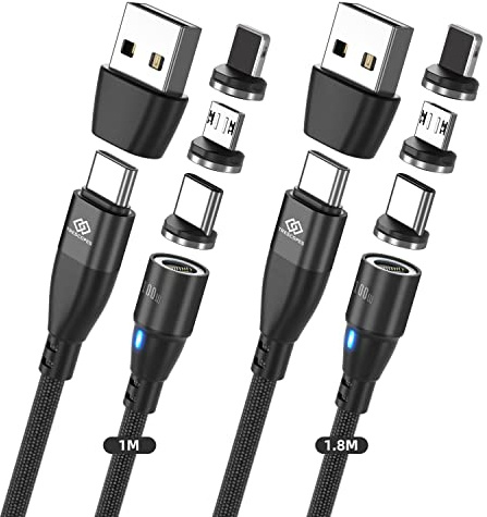 Trescopes 6-in-1 PD100W Magnetic Charging and Data Cable, USB A/C to Type C, I-Products and Micro USB 1 Meter + 2 Meter [2 Pack]