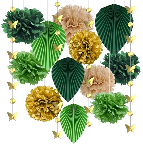 Syoulin Décorations de fête de mariage,Décoration de Fête Vert,Lot de 14 pompons en papier de soie feuilles d'éventail en papier suspendues,Pour mariage,fête prénatale,anniversaire,décoration rustique