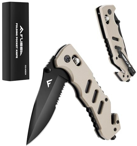 FLISSA Folding Pocket Knife with Clip, Glass Breaker and Seatbelt Cutter, Survival Knife for Emergency Rescue Situations, EDC Knife for Tactical, Hunting, Camping, Outdoor, Unique Gifts for Dad, Father