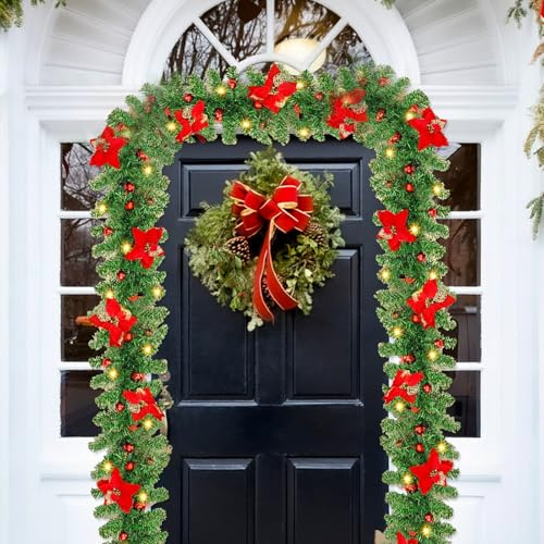 Guirnalda Navidad 2.7M con Luces LED Blanco Cálido, Árbol Artificial Verde, Corona Navideña para Chimenea, Escalera, Puerta, Interior y Exterior, Navidad Decoración para Hogar y Fiesta