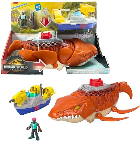 Fisher-Price Imaginext Jurassic World El Renacer, Mosasaurio persecución y mordiscos acuáticos Dinosaurio de juguete de 45 cm con figura de acción de 7,6 cm, lanzador, lancha y 2 proyectiles, JFR23