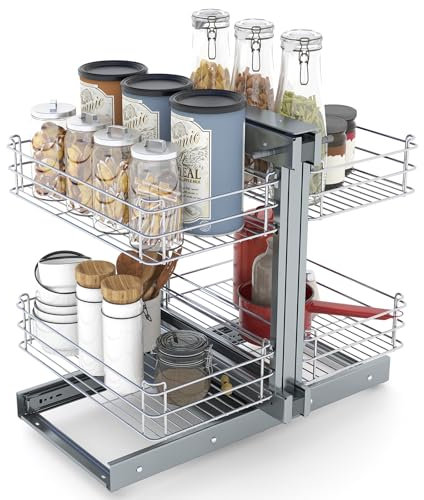 YORKING Blind Corner Pull Out Organizer for 900mm Cabinet, 2-Tier Kitchen Corner Pull Out Shelf Organizer with Soft Close & 4 Baskets, Min Opening 17 3/4'', Left Open & Right Open Compatible, Grey