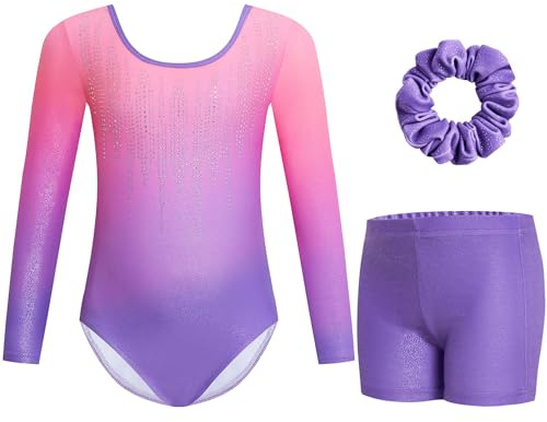 Gogokids Mädchen Dreiteilige Gymnastikanzüge, Langärmliges Gymnastik Set mit Shorts und Haarband, Glitzernde Balletteinheitstrikots - Gymnastik Outfit mit Farbverlaufdesign für 11-12 Jahre