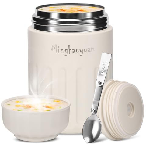 minghaoyuan Contenitore termico per alimenti, 600ml, in acciaio inox, con cucchiaio, 100% a tenuta stagna, per mantenere il cibo caldo, ciotola per muesli o per il baby food (Bianco)