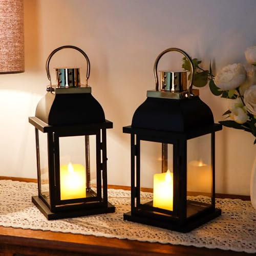 Juego de 2 farolillos decorativos de 25 cm de alto, portavelas colgantes negros, decoración vintage con cristal templado para interior y exterior, hogar, mesa, patio, boda (vela