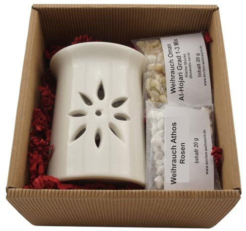 Presentset Stjärnblomma – rökelsestövlar keramik med metallsil, metallskiva & premium rökelse Al-Hojari & Athos rosor – i högkvalitativ presentförpackning
