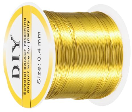 QUARKZMAN 0,4 mm / 26 Gauge koppartråd för smyckestillverkning, 1 rulle Craft Anloppsbeständig pärltråd för smyckestillverkning DIY (guld) - 100m