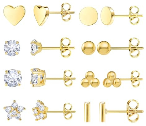 8 Pairs Gold Stud Earrings, Titanium Surgical Steel Stud Earrings Stacks for Women,Hypoallergenic Catilage Helix Flower Heart Ball Cubic Zirconia Studs Earrings for Multiple Piercing