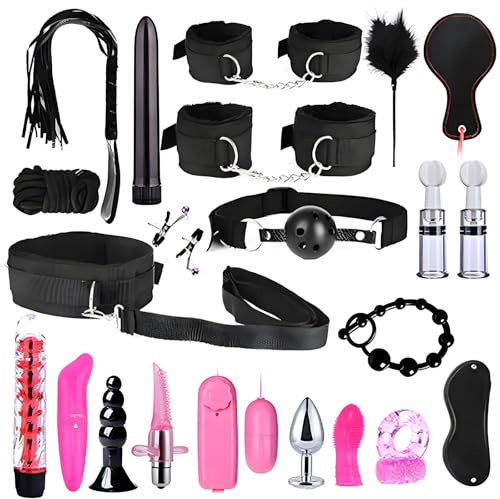 Set di 23 pezzi per bondage multifunzionale, kit di plug anali con cinghie in nylon e peluche BDSM per giochi di allenamento di coppia -LC21ITW (Nero:Z)