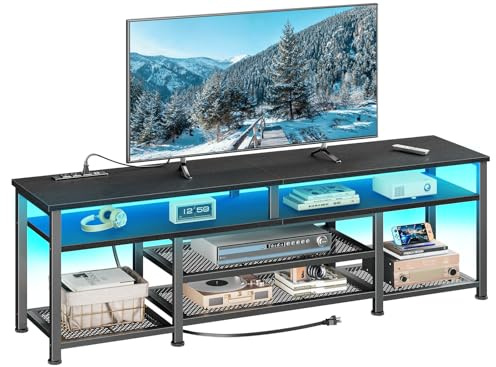 Furologee 63 Inch TV Stand with Power Outlets & LED Lights, Black