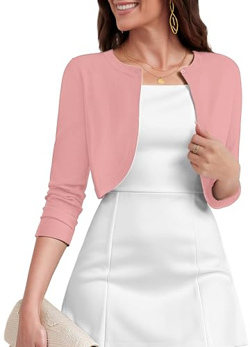 Heymoments Women's Thin Shrugs for Dresses Pink Medium Open Front 3/4 Sleeve Knit Lightweight Crop Cardigan Dressy Cropped Tops Coat Sweater Clothes