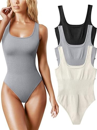 JXHSWDG 3-delade bodysuits för damer Sexiga ribbade fyrkantiga halsringade ärmlösa linnetrosor Thong Body, T-shirt Shapewear Bodysuits